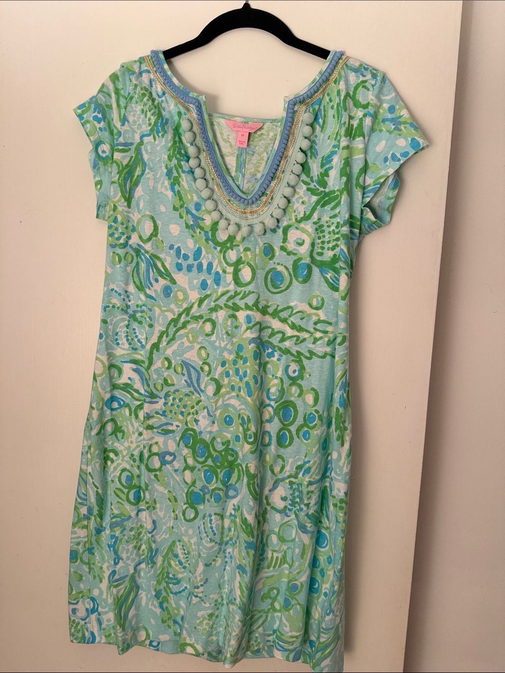 Lilly Pulitzer Green and Blue Printed Beaded V-Neck Mini Dress